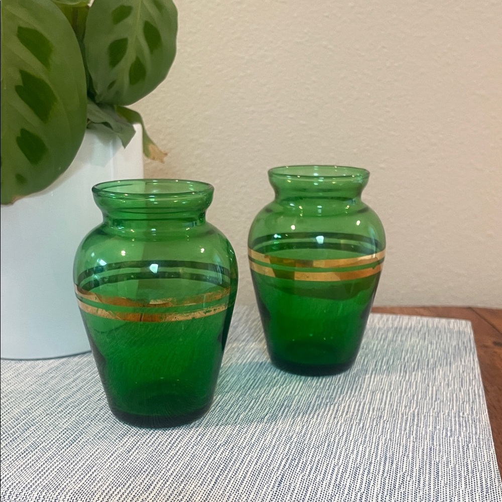Pair of Vintage Forest Green Anchor Hocking Bud Vases